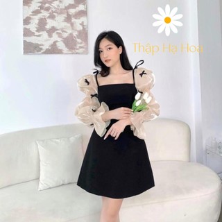 Váy 2 dây trễ vai tay bồng, đầm nhung hai dây dự tiệc chữ A tay phồng AS117