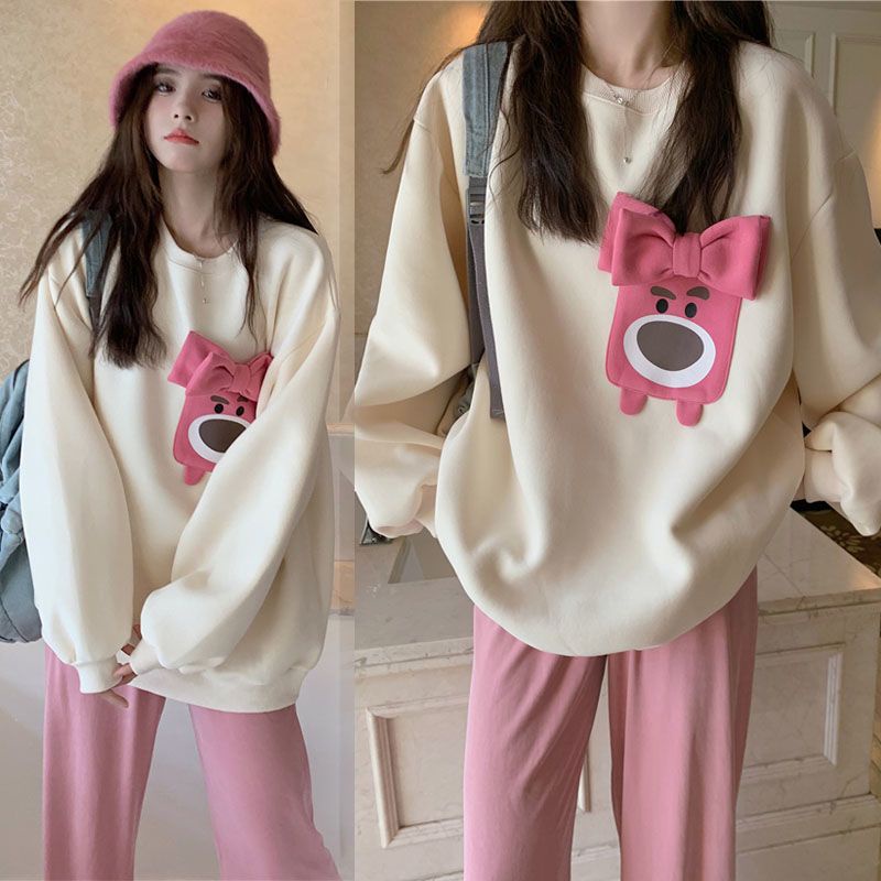 Bộ Áo sweater Tay Dài + Quần Ống Rộng Lưng Cao Chất Liệu Nhung Dày Dặn In Họa Tiết Dâu Tây Dễ Thương Thời Trang Xuân Thu Cho Nữ U6PI