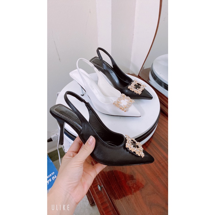 Giày sandal nữ mũi nhọn cao gót 8 phân đá hoa  ZINZIN868( bít mũi quai hậu khoá đá hoa trà 8f