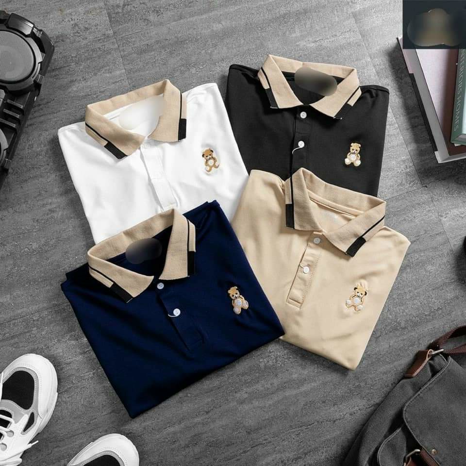 Áo polo nam phối cổ tay thêu gấu siêu sang
