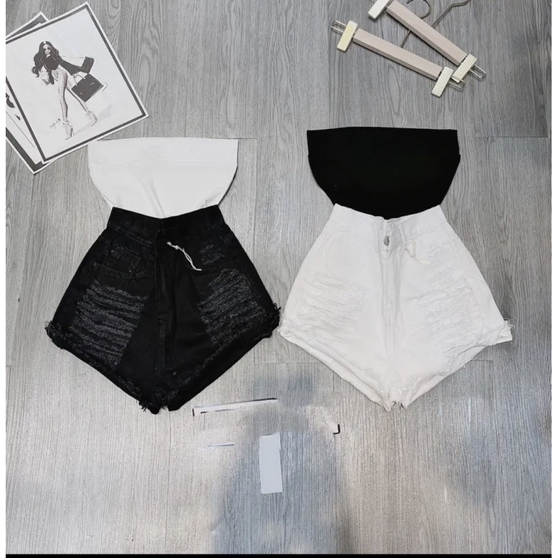 SET ÁO CUP ỐNG MIX QUẦN SỌT ĐÙI JEAN COTTON RÁCH NHIỀU - HÀNG VNXK.