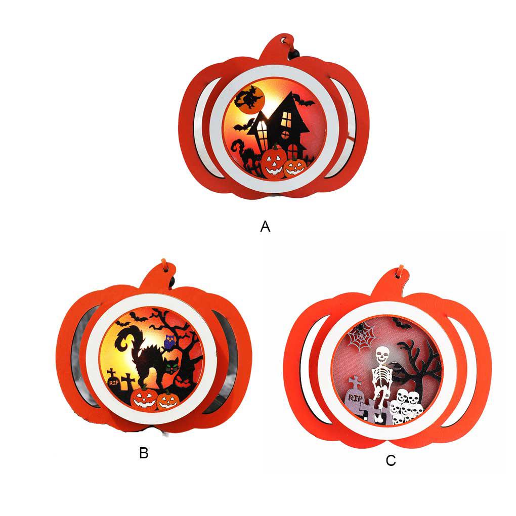 Đèn Trang Trí Halloween Hình Bí Ngô Bằng Gỗ Trọng Lượng Nhẹ Có Nút Điều Khiển