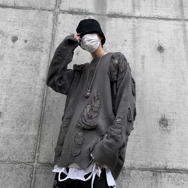 Áo Sweater Rách Dáng Rộng Phong Cách Đường Phố Nhật Bản Thời Trang Thu Đông Dành Cho Nam