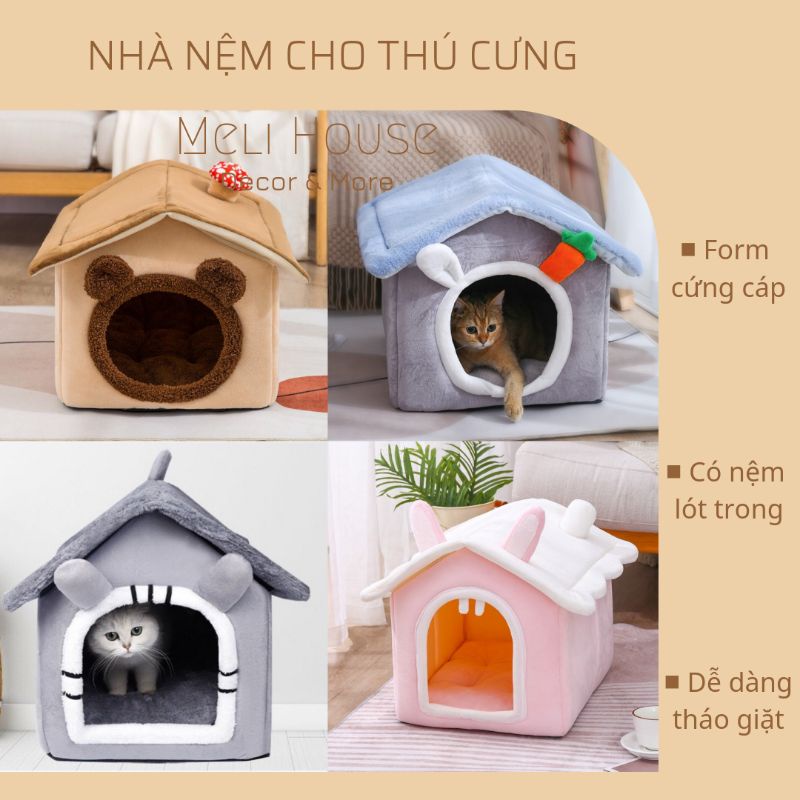 Nhà nằm cho chó mèo, ổ thú cưng nệm bông size dưới 15kg