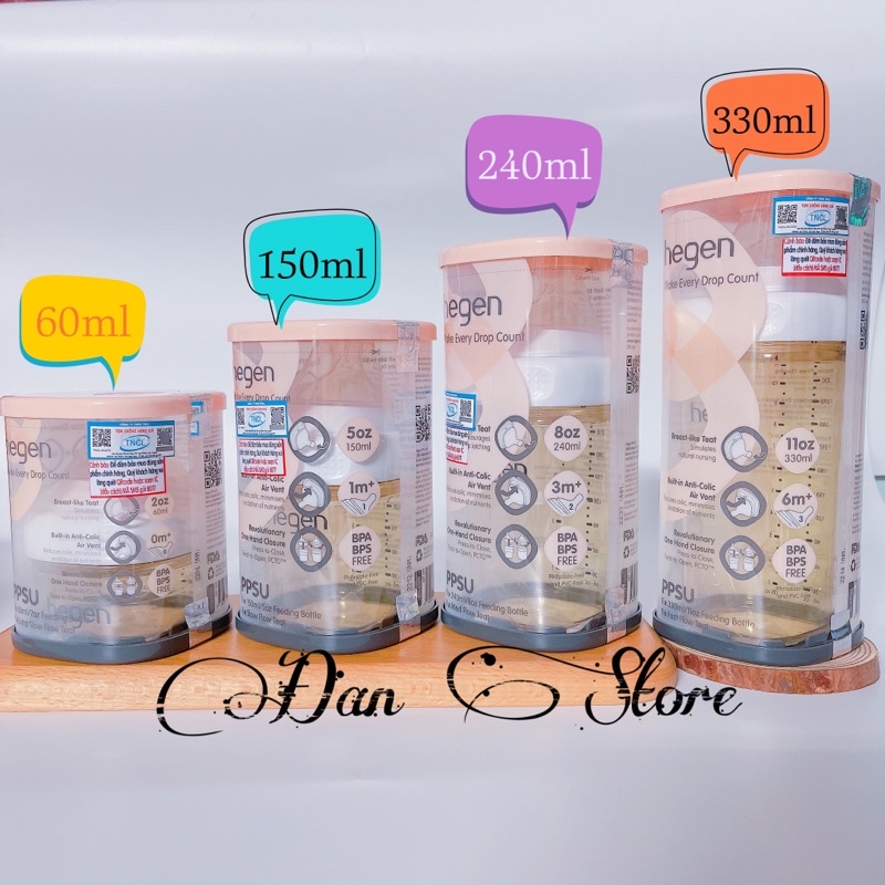 Tặng Sticker- Bình sữa Hegen chính hãng 60ml 150ml 240ml 330ml fullbox, tách set hỗ trợ đổi núm 1 2 3 Y tại Long Biên HN