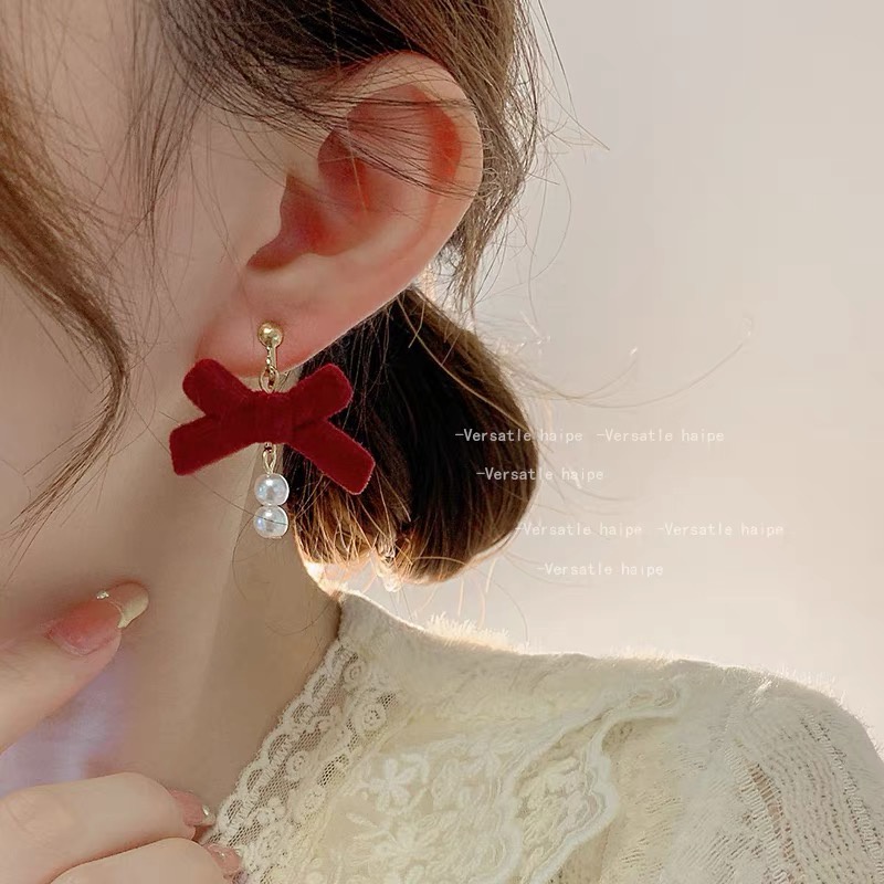 Bông Tai Mạ Bạc 925 Dáng Dài Đính Ngọc Trai Đỏ Phong Cách Giáng Sinh Cho Nữ