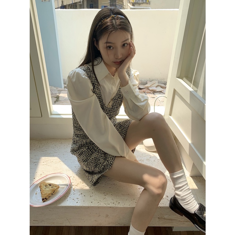 Bộ Áo Sơ Mi Dệt Cao Cấp Phối Chân Váy Chữ A Ngắn Kiểu Phương Tây Thời Trang Mùa Thu