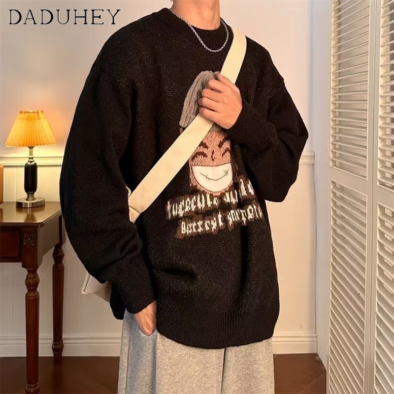 DaDuHey Men 'S 2022 Autumn Trendy Fashion Long-Sleeve Sweater Ins Hong Kong Style Crew Neck Loose All-Match Sweater