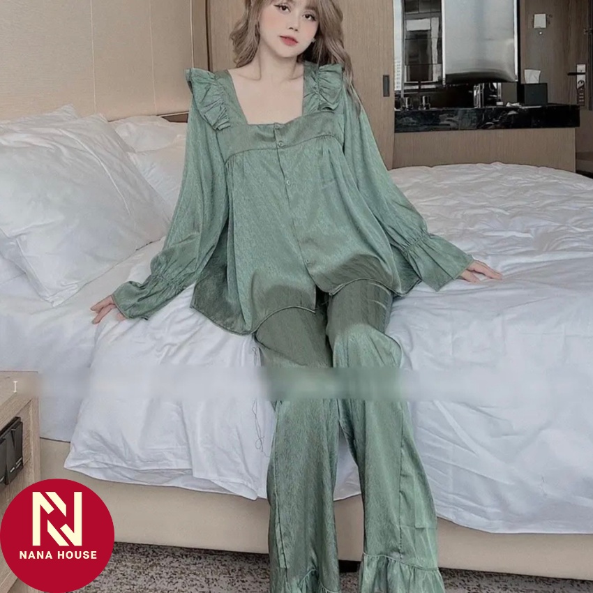 Bộ ngủ nữ cổ vuông TAY DÀI lụa xước tiểu thu cao cấp size 40-50 KG, Đồ ngủ mặc ở nhà size 40-60 KG