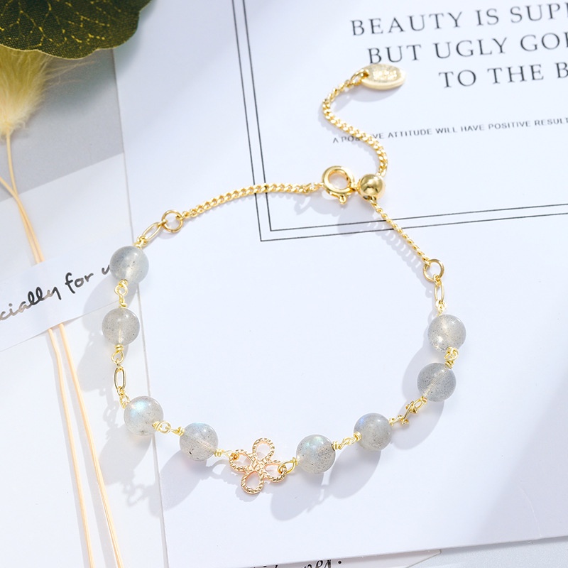 Vòng Đeo Tay Cỏ Bốn Lá Tự Nhiên Màu Xám Nhẹ Nhàng Thiết Kế Sang Trọng Hạnh Phúc Tình Yêu Labradorite