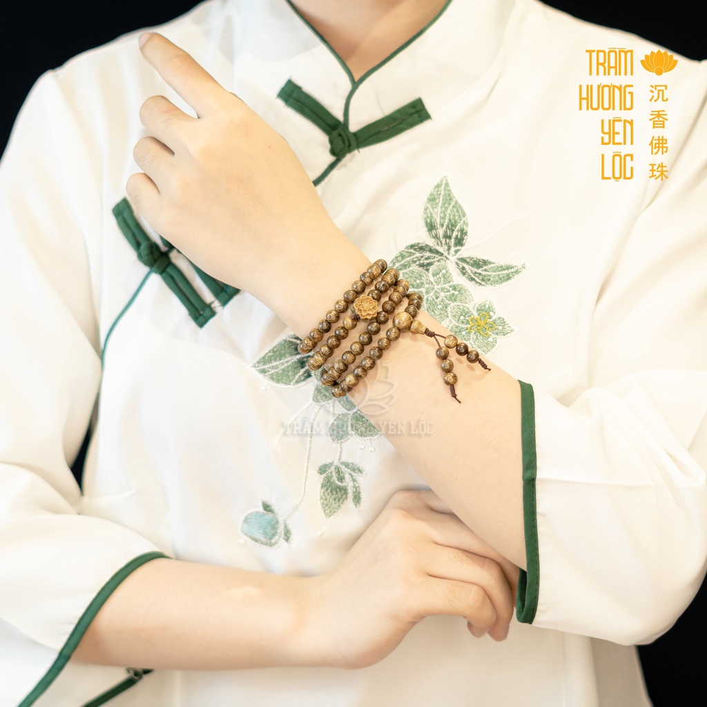 Vòng Tay Trầm Hương 108 Hạt Mix Hoa Sen Trầm Cao Cấp - Trầm Hương Yên Lộc THYL012