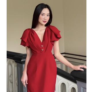 COEM | ĐẦM MIDI BÚT CHÌ CỔ V CÁCH ĐIỆU TAY ÁO THIẾT KẾ CAO CẤP SANG TRỌNG ĐI TIỆC HẸN HÒ - HẠNH DRESS ĐỎ