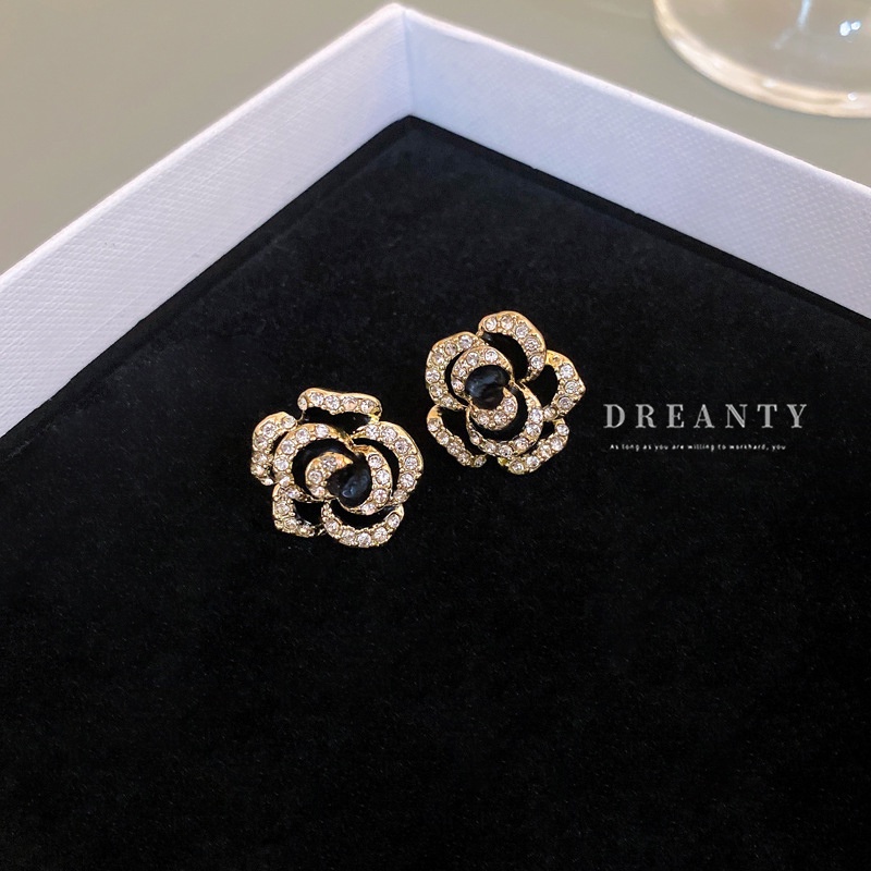 Bông Tai Mạ Bạc / Đen Hình Hoa Trà Đính Kim Cương Giả Kiểu Pháp Đơn Giản Thanh Lịch