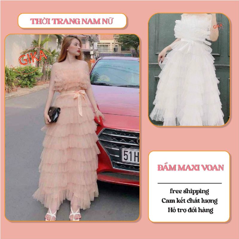 Đầm tầng lưới , chất von phong cách tiểu thư , maxi hai dây công chúa