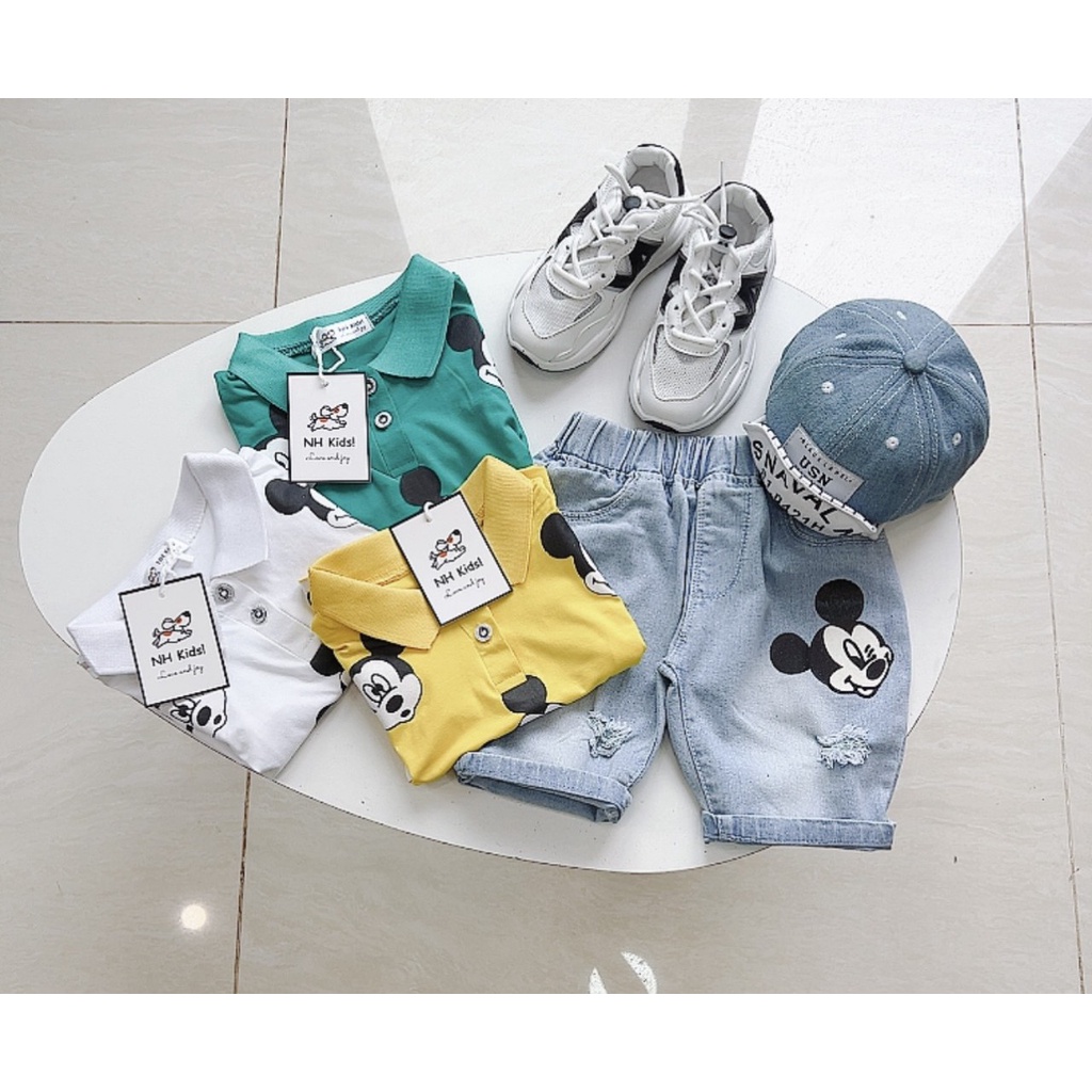 Set bộ quần áo bé trai, áo thun polo cổ bẻ Mickey quần jean phối hình (10-30kg)