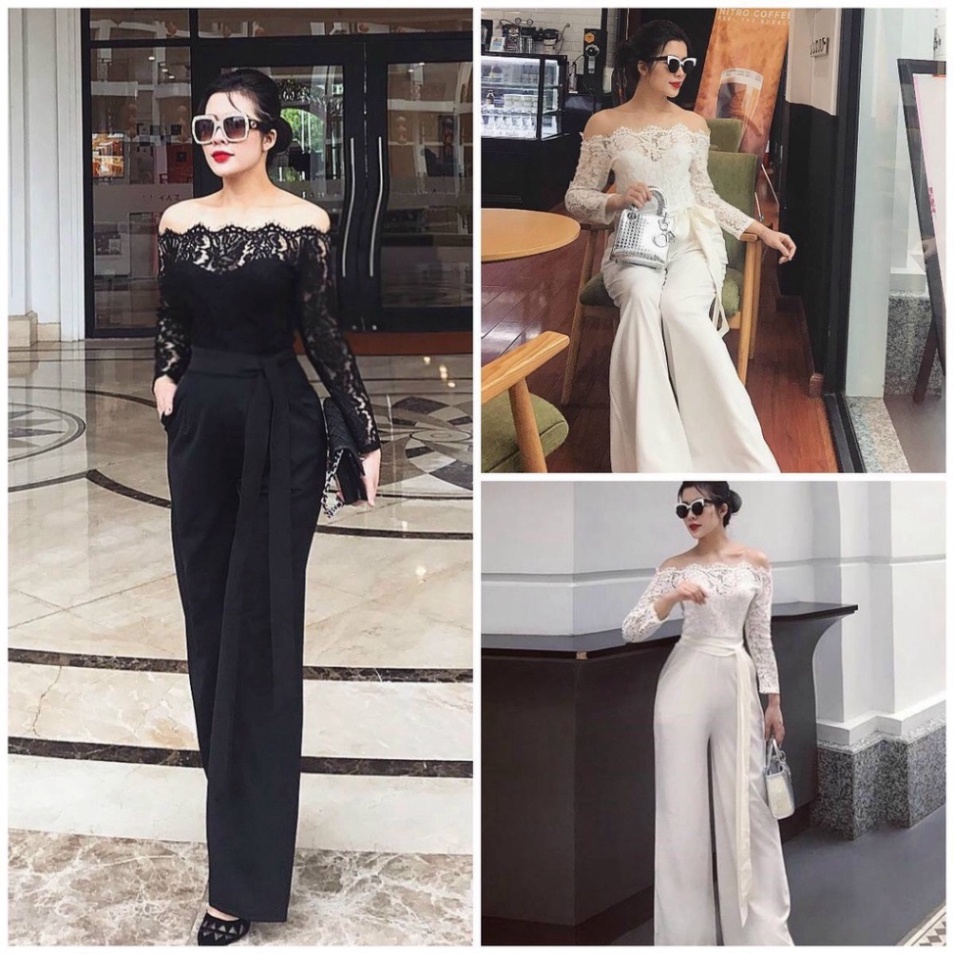 🔥𝓠𝓾ả𝓷𝓰 𝓒𝓱â𝓾 CAO CẤP🔥 Jumsuit dài kiểu tay dài vai ngang pha ren cột dây eo màu trắng đen vải tuyết mưa ren lady