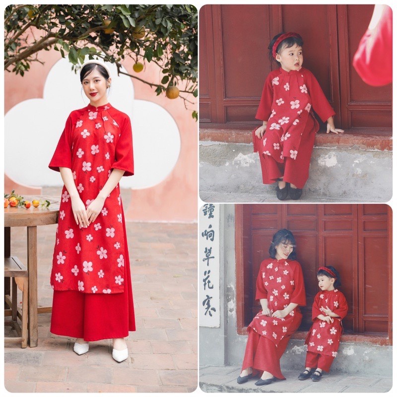 Set áo dài hoa đào mẹ & bé ( Có bán riêng )