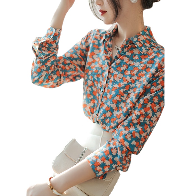 Multiplication FF Áo Sơ Mi Lụa Crepe Mỏng Hai Lớp In Hoa Lá Nhỏ Đơn Giản Thời Trang Cao Cấp Phong Cách Châu Âu Cao Cấp Phù Hợp Với Tất Cả Mọi Phong Cách Cá Tính Lớp học