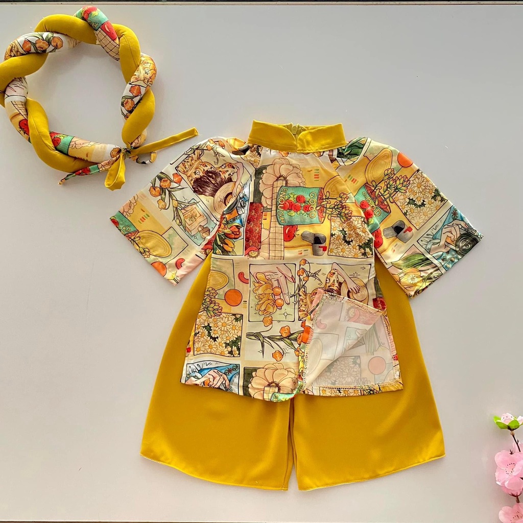 Áo dài Silk Pháp hoạ tiết cách tân cho bé gái AD109