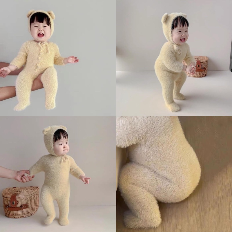 Bộ liền thân len lông thỏ kèm mũ tai gấu siêu cưng cho bé trai bé gái_Hàng QCCC