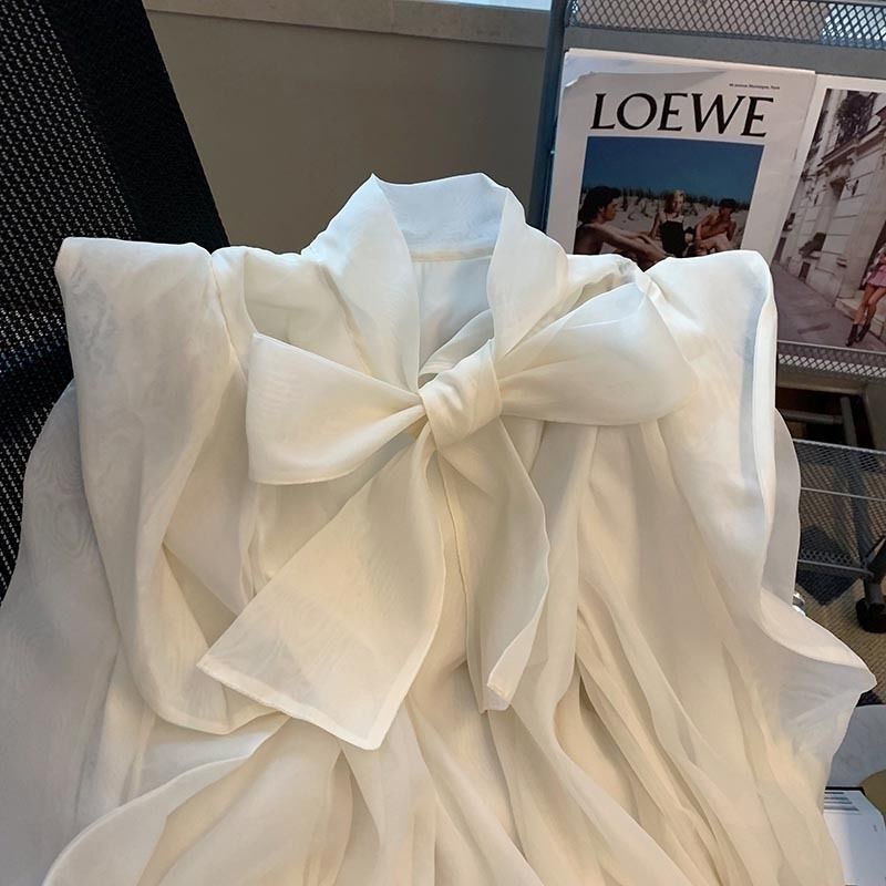 Áo Sơ Mi Chiffon Tay Ngắn Dáng Rộng Phối Bèo Cột Nơ Thời Trang Mùa Thu Cho Nữ Sm