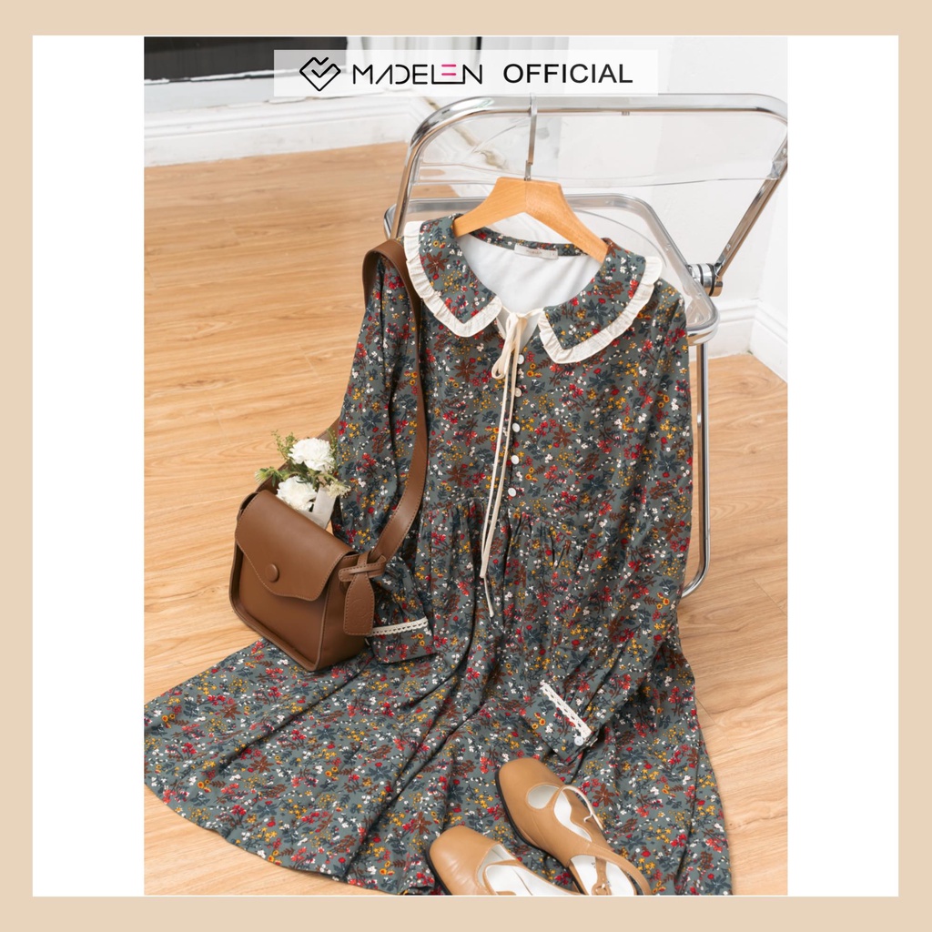 Váy dài tay floral hoa xanh viền ren MADELEN