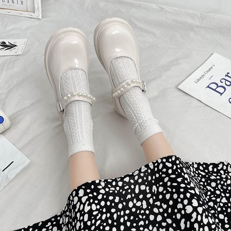 Ielgy Giày Tây Mũi Tròn Đế Dày Đính Ngọc Trai Giả Phong Cách Anh Quốc Cho Nữ