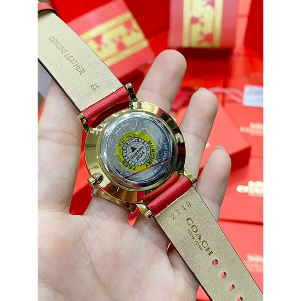 Đồng hồ Coach chống nước 3M, máy Miyota, kiểu dáng thời trang, bản dây da thật, màu đỏ may mắn phát tài