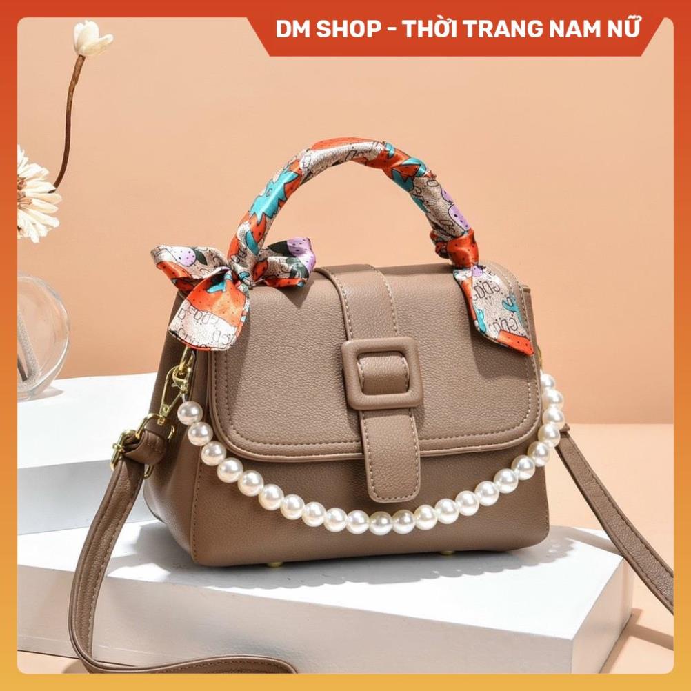 Túi đeo chéo nữ , Túi xách đeo vai phối quai ngọc trai kèm khăn tết cầm tay màu đen ghi nâu hồng thời trang DM Shop