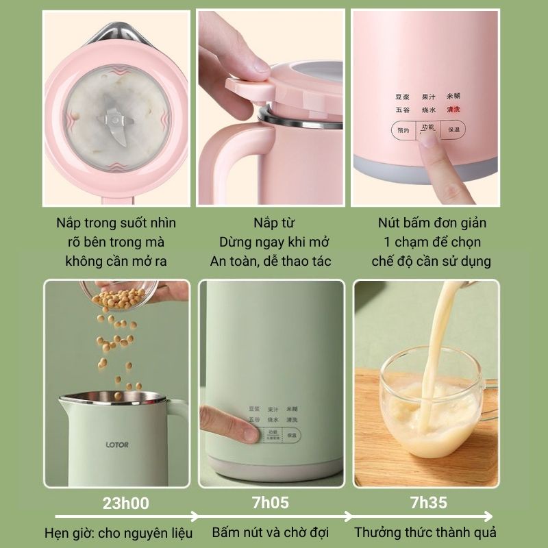 Máy làm sữa hạt mini LOTOR chính hãng, Máy xay nấu đa năng 5 in 1 xay sữa đậu nành, sinh tố hoa quả BH 12 tháng