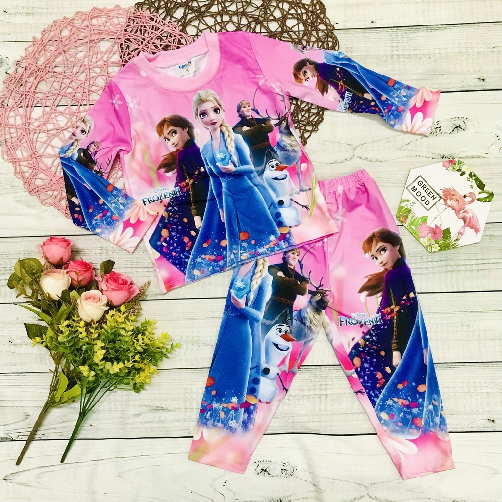 Bộ thu đông cho bé gái, quần áo trẻ em dài tay thun lạnh in 3D hình Elsa mềm mịn, co giãn tốt thoải mái cho bé gái từ 10