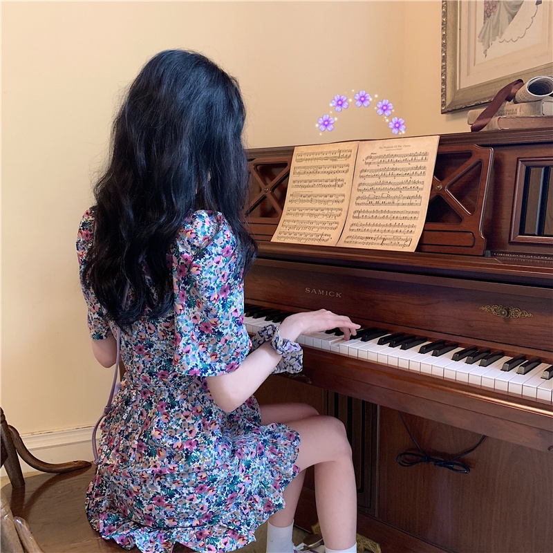 Đầm hoa nhí 2 lớp có dây thu eo, style Retro hàng Quảng châu #QC86