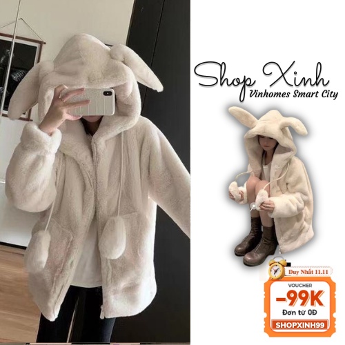 Áo Lông Cừu Tai Thỏ Quảng Châu Cá Tính, Áo Khoác Lông Cừu mũ 2 lớp Dáng Rộng Tai Thỏ Dễ Thương Xinh Xắn