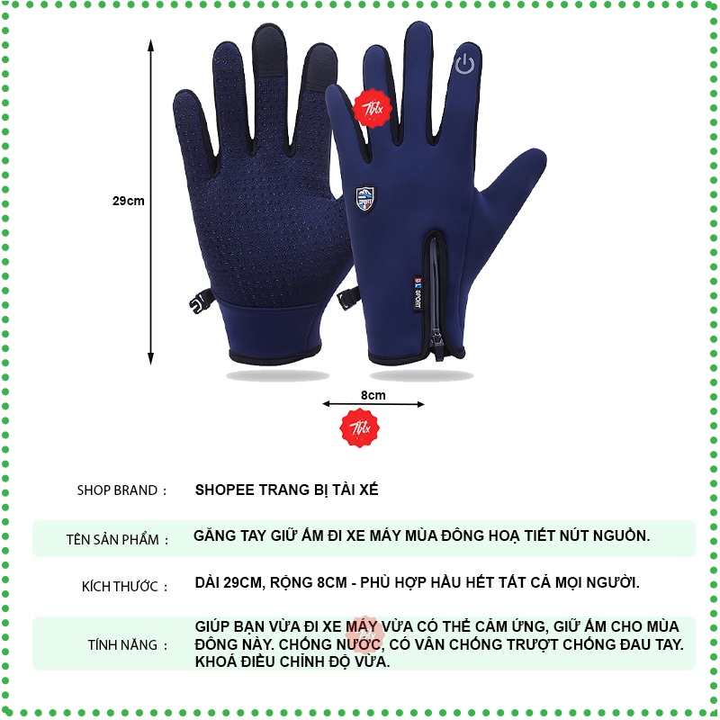 Găng tay giữ ấm mùa đông nam nữ đi xe máy có thể cảm ứng điện thoại chống nước họa tiết nút nguồn sang trọng- GTNGUON