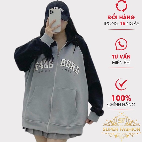 Áo Khoác Nỉ Nữ Dây Khóa Kéo SUPER FASHION Nón Lớn 2 Lớp Mặc Thoải Mái