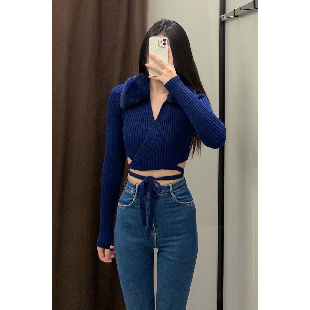Áo Khoác Cardigan Zara Cổ Bẻ Cột Dây Phối Lông Nhân Tạo Thời Trang Cho Nữ 226873101Phong Cách Mới