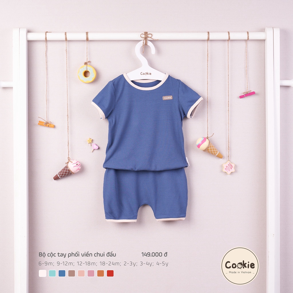 Bộ cộc tay phối viền chui đầu Cookie dành cho bé trai bé gái mềm mại