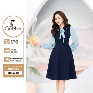 Đầm công sở CITI MODE FASHION thiết kế dáng xoè xanh tay dài cổ nơ DH3730
