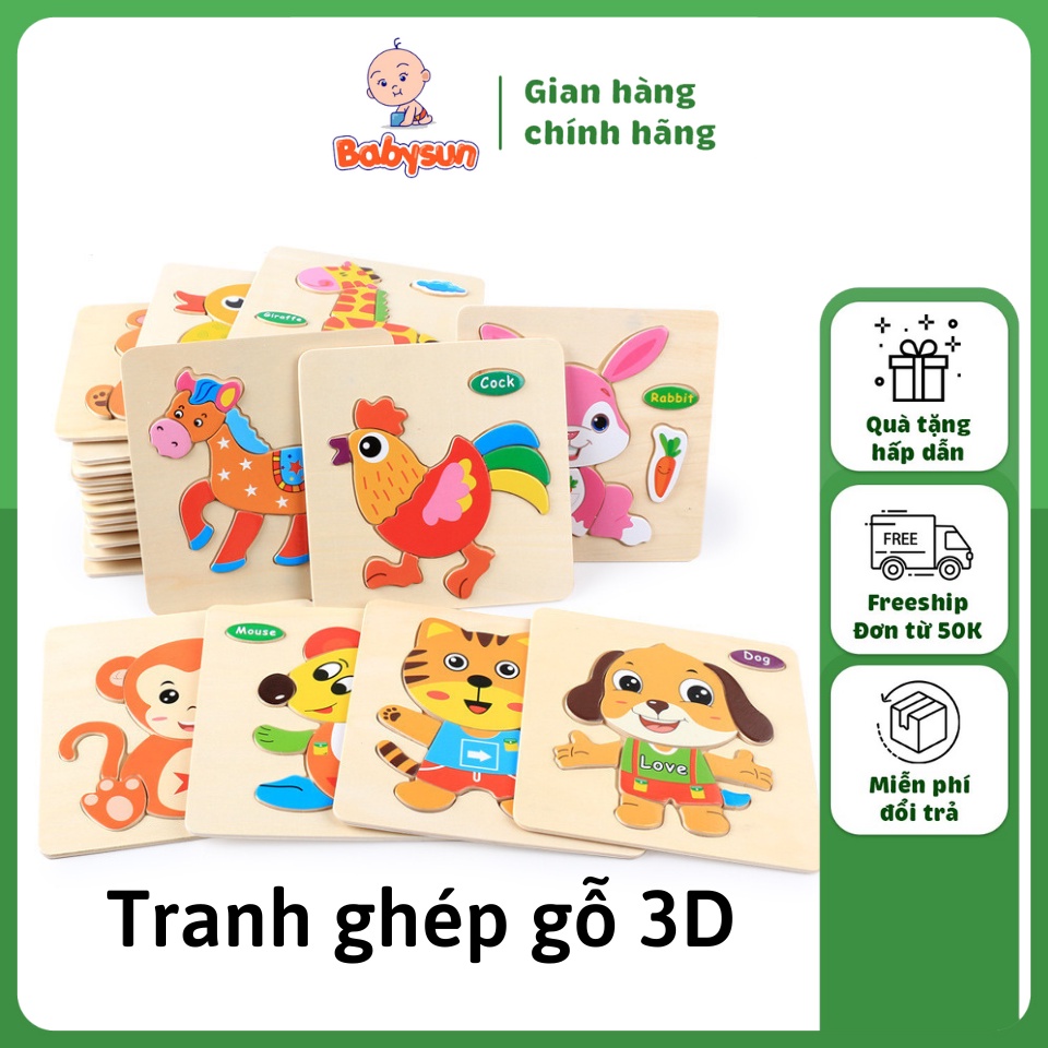 Combo 5 tranh ghép hình bằng gỗ 3D cho bé, đồ chơi xếp hình trí tuệ ch