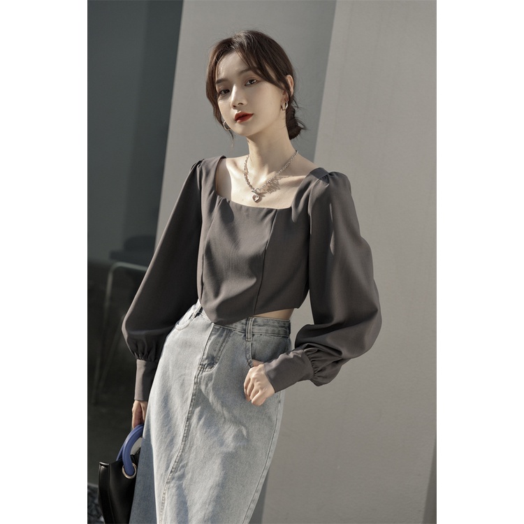 Áo Crop Top Xám vạt bầu nhọn cổ vuông tay dài (Gris Shirt)