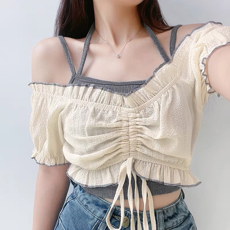 Áo kiểu trễ vai tay phồng dáng ôm viền ren thời trang cho nữ XOÀI STORE