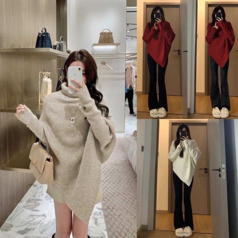 Áo len cổ lọ dáng dài vạt chéo tay bo form dấu quần trùm mông phong cách hàn quốc nữ tính màu đỏ noel tết