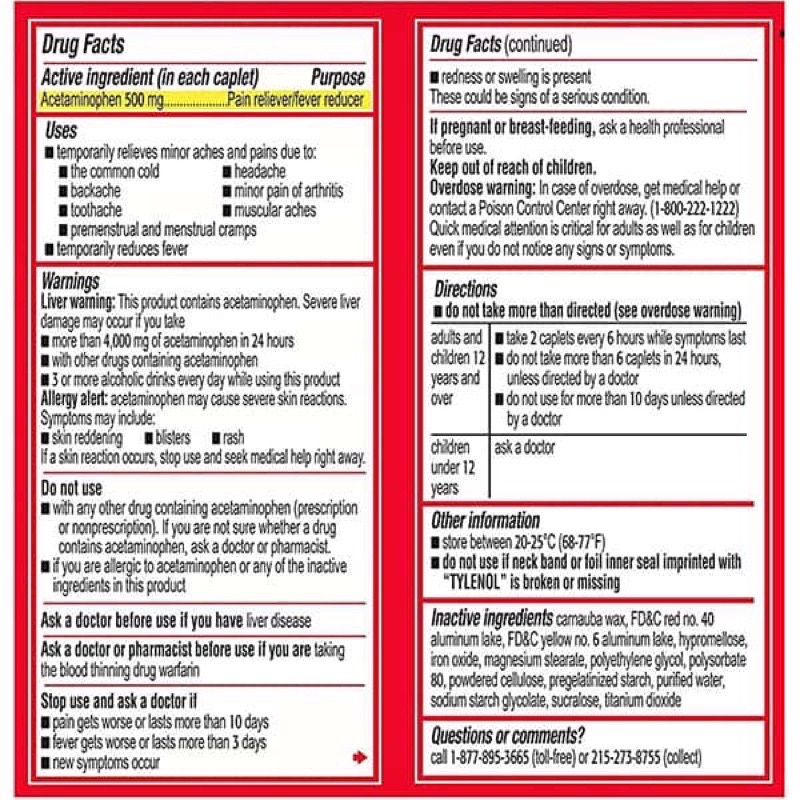 Viên uống 𝙏YLÊ𝙉ÔL Acetaminophen Extra Strength 500mg 225 Coated Tablets Mỹ