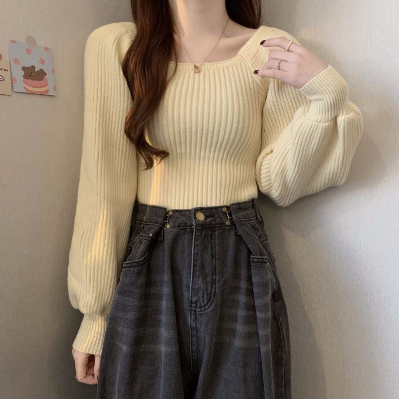 Áo sweater dệt kim tay dài cổ vuông đơn giản phong cách thời trang dành cho nữ