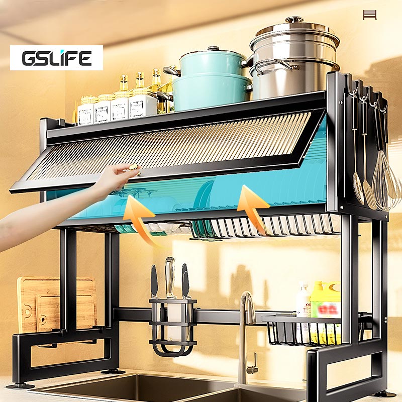 GSlife Kệ Tủ Nhà Bếp Có Nắp Đậy Đa Năng Trên Bồn Rửa Thép Carbon 2 Tầng Đen Chống Bụi Tiết Kiệm Không Gian