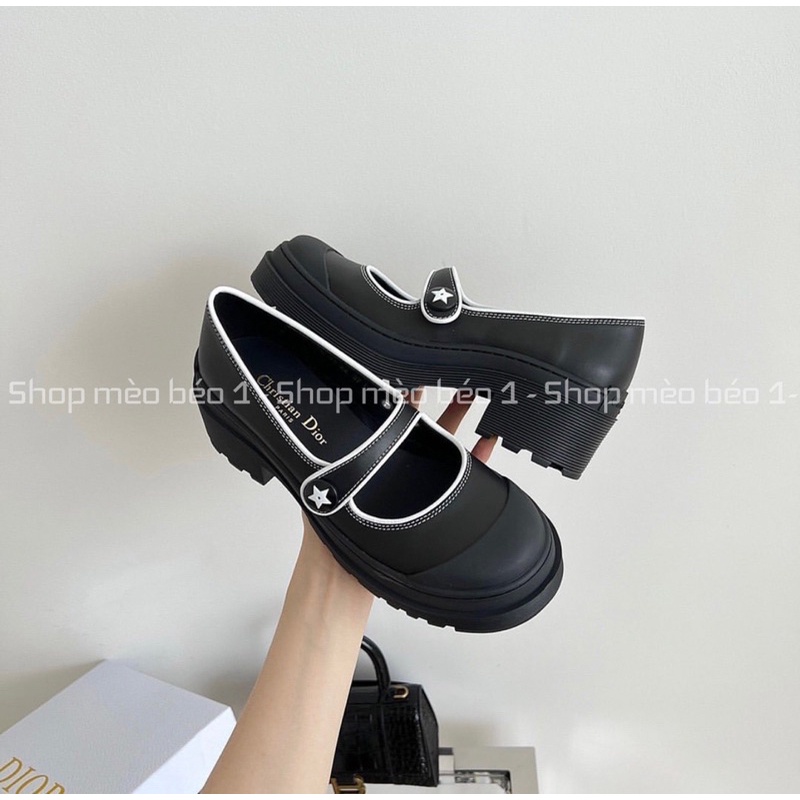 Giày búp bê cd mũi tròn viền trắng pha quai ngang gót vuông fullbox