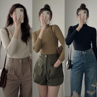 Áo len tăm croptop cổ 3 phân tay dài nhiều màu freesize Pumi