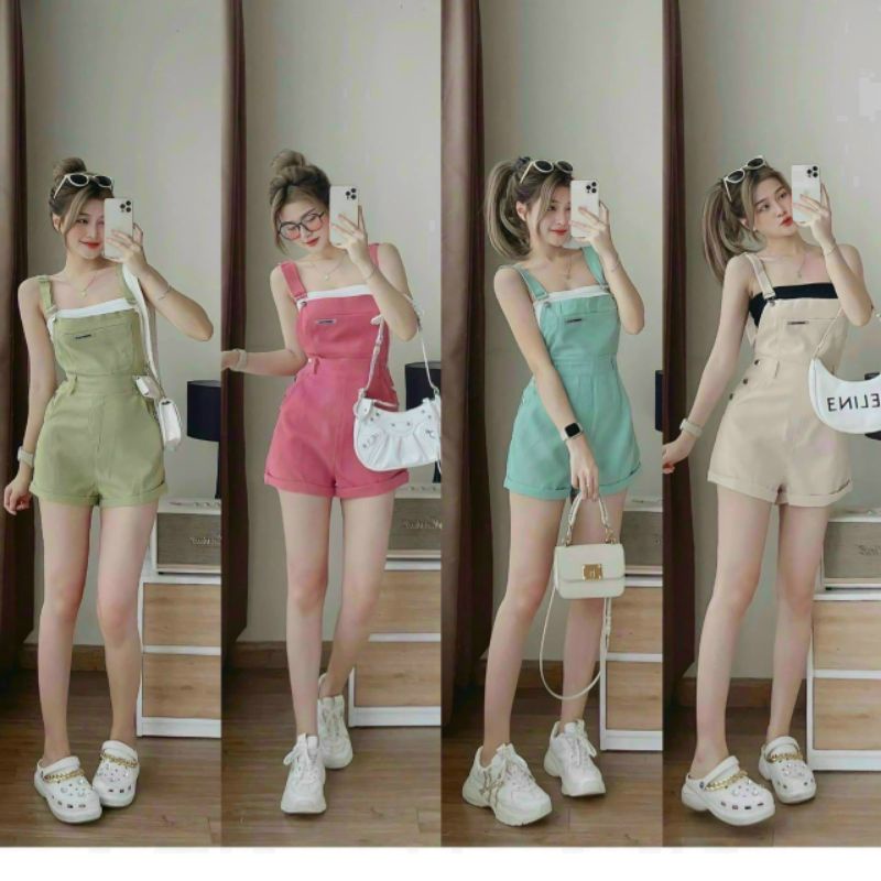 Sét yếm đùi thời trang nữ mặc đi chơi chất kaki dây khoen mix áo ống thun biorip sexy