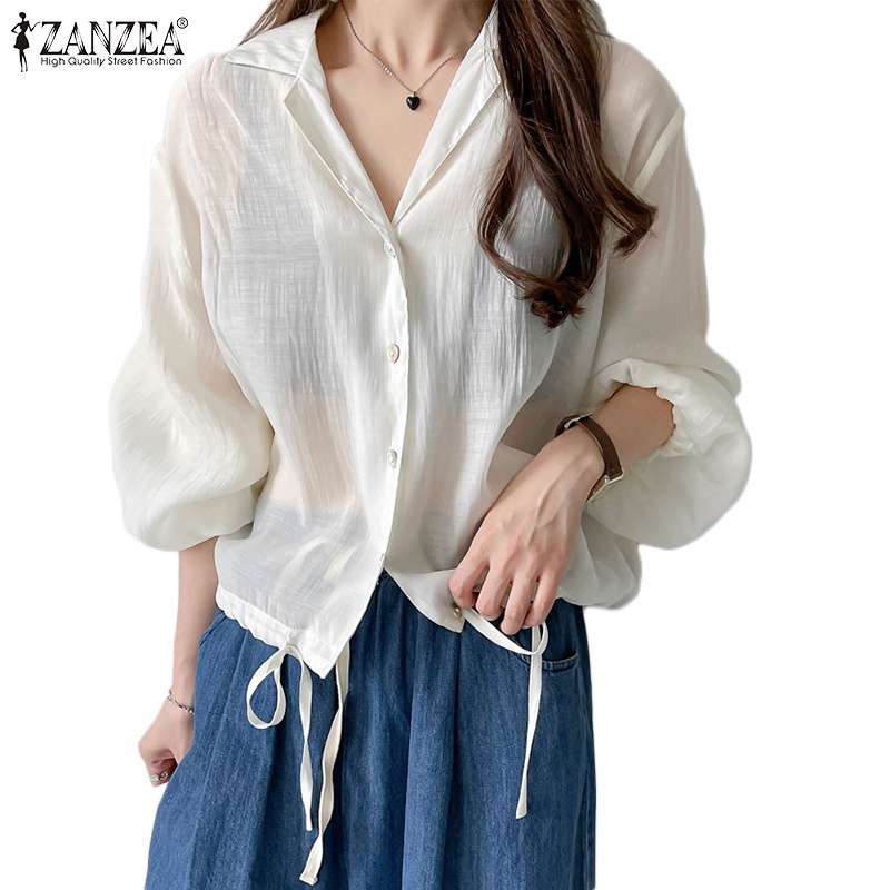 Áo sơ mi ZANZEA tay dài cổ bẻ thiết kế dây rút phong cách Hàn Quốc thời trang cho nữ