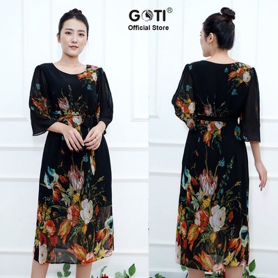 GOTI – ĐầmTrung Niên Đầm Suông Dự Tiệc Trung Niên Cao Cấp Giấu Bụng Tay Ngắn Voan 2 Lớp In Hoa 3356